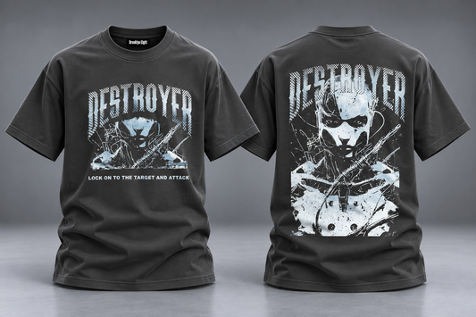 Dark gray crew-neck graphic T-shirt with Destroyer skull print, short sleeves
