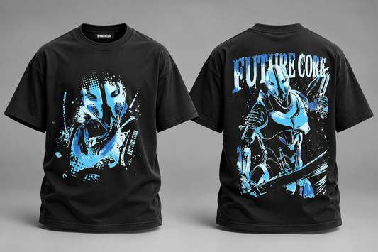 Black graphic T-shirt with blue front portrait and large back 'Future Core' print