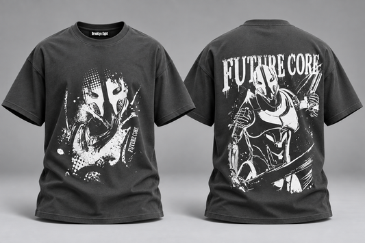 Black graphic T-shirt with 'FUTURE CORE' print, front and back views
