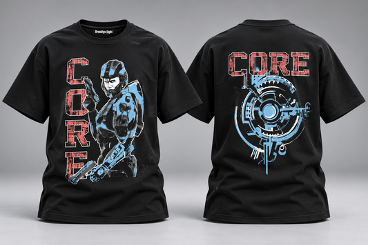 Black graphic T-shirt with front and back sci-fi lettering and character print