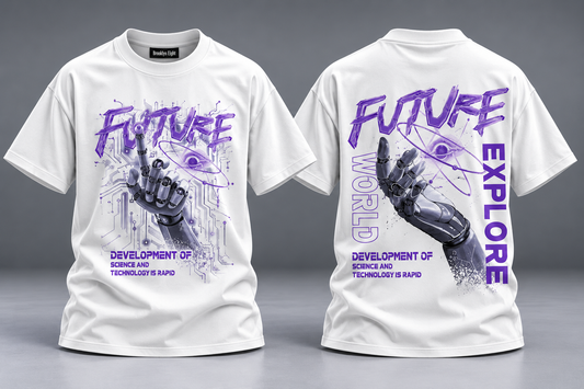 White graphic T-shirt with purple robot print, short sleeves, crew neck