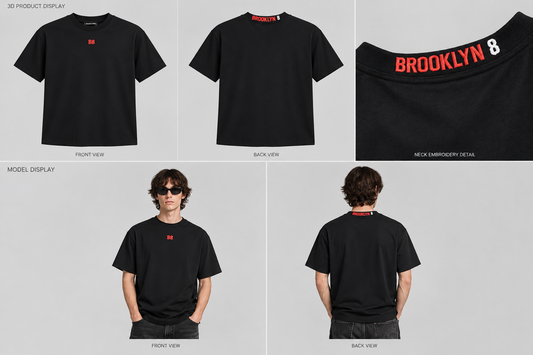 Black T-shirt with small red chest logo and 'BROOKLYN 8' back embroidery
