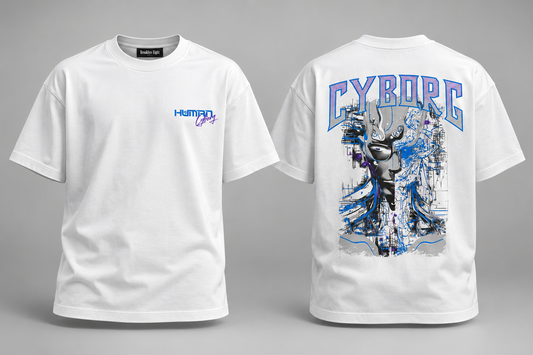 White crew-neck T-shirt with front and large back graphic print