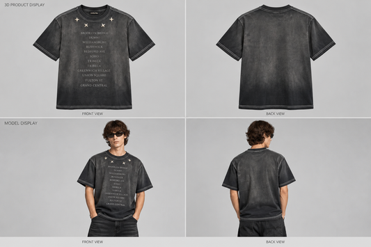 Dark short-sleeve crewneck T-shirt with front and back printed text graphic