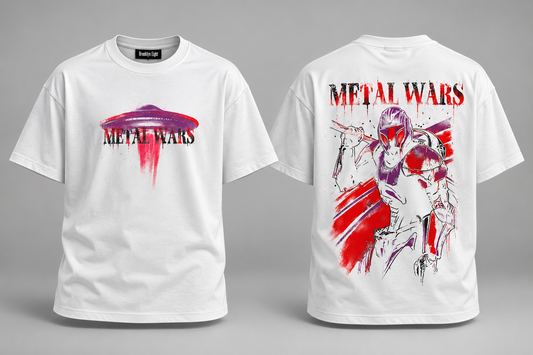 White graphic T-shirt with 'Metal Wars' front print
