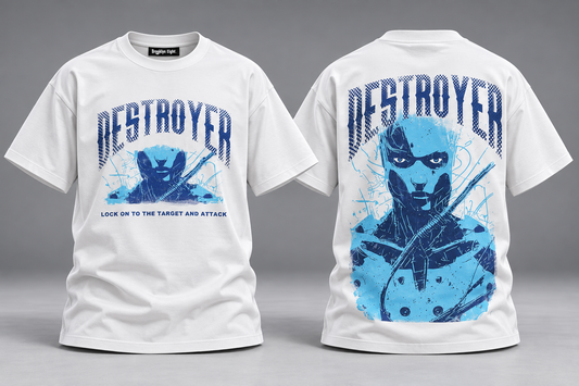 White graphic T-shirt with blue DESTROYER artwork, short sleeves, crew neck