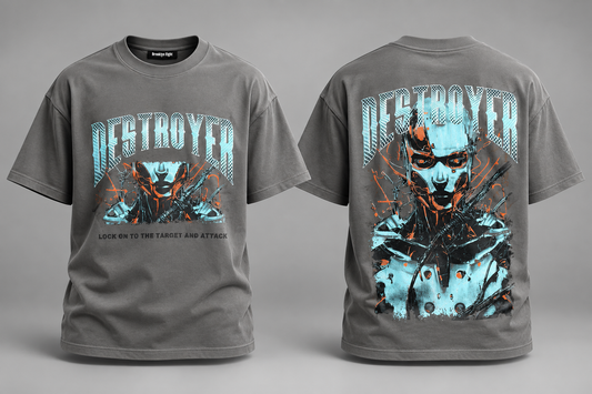 Dark gray graphic T-shirt with Destroyed robot print, front and back views