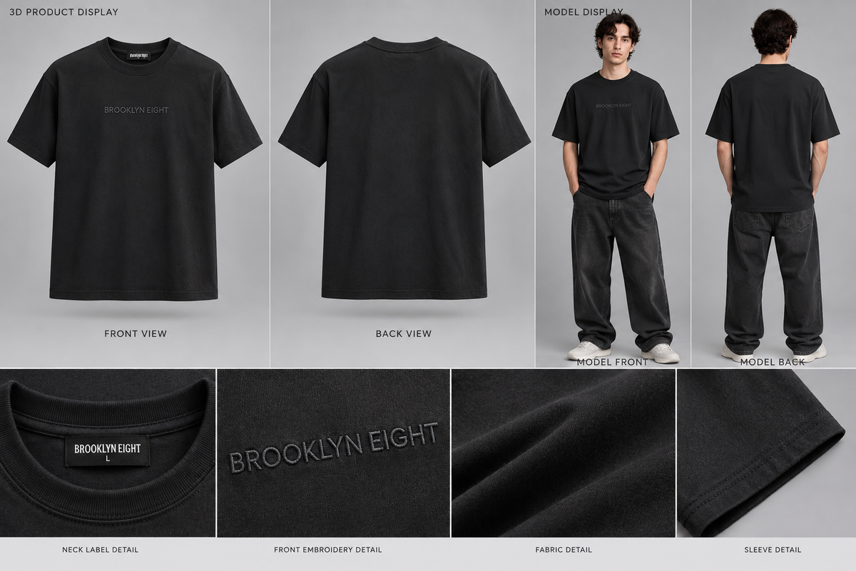 Black short-sleeve T-shirt with BROOKLYN EIGHT front embroidery and crew neck label