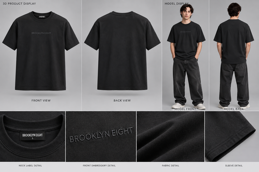 Black short-sleeve T-shirt with BROOKLYN EIGHT front embroidery and crew neck label