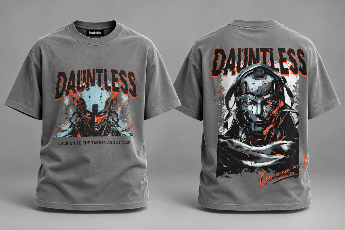 Dark gray graphic T-shirt with front and back robot skull prints