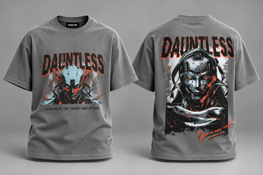 Dark gray graphic T-shirt with front and back robot skull prints