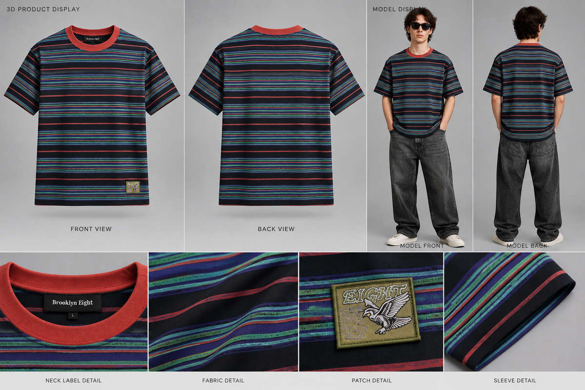 Striped short-sleeve T-shirt with red crew neck and multicolor horizontal bands