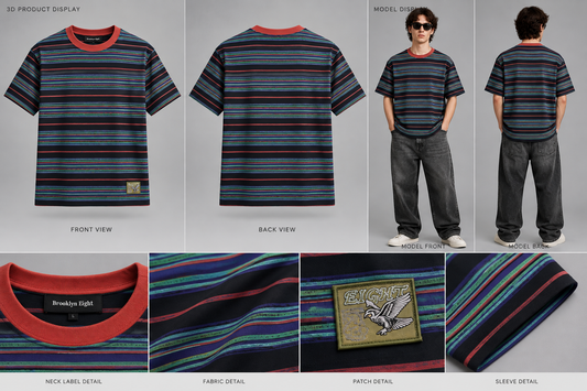 Striped short-sleeve T-shirt with red crew neck and multicolor horizontal bands