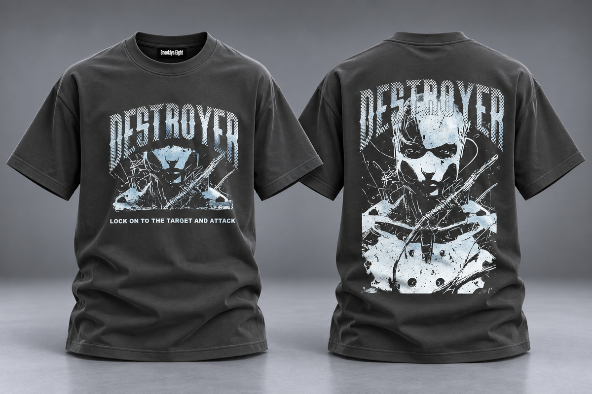 Dark gray crew-neck graphic T-shirt with Destroyer skull print, short sleeves