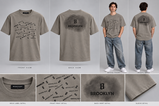 Gray crewneck T-shirt with BROOKLYN graphic print at front and back