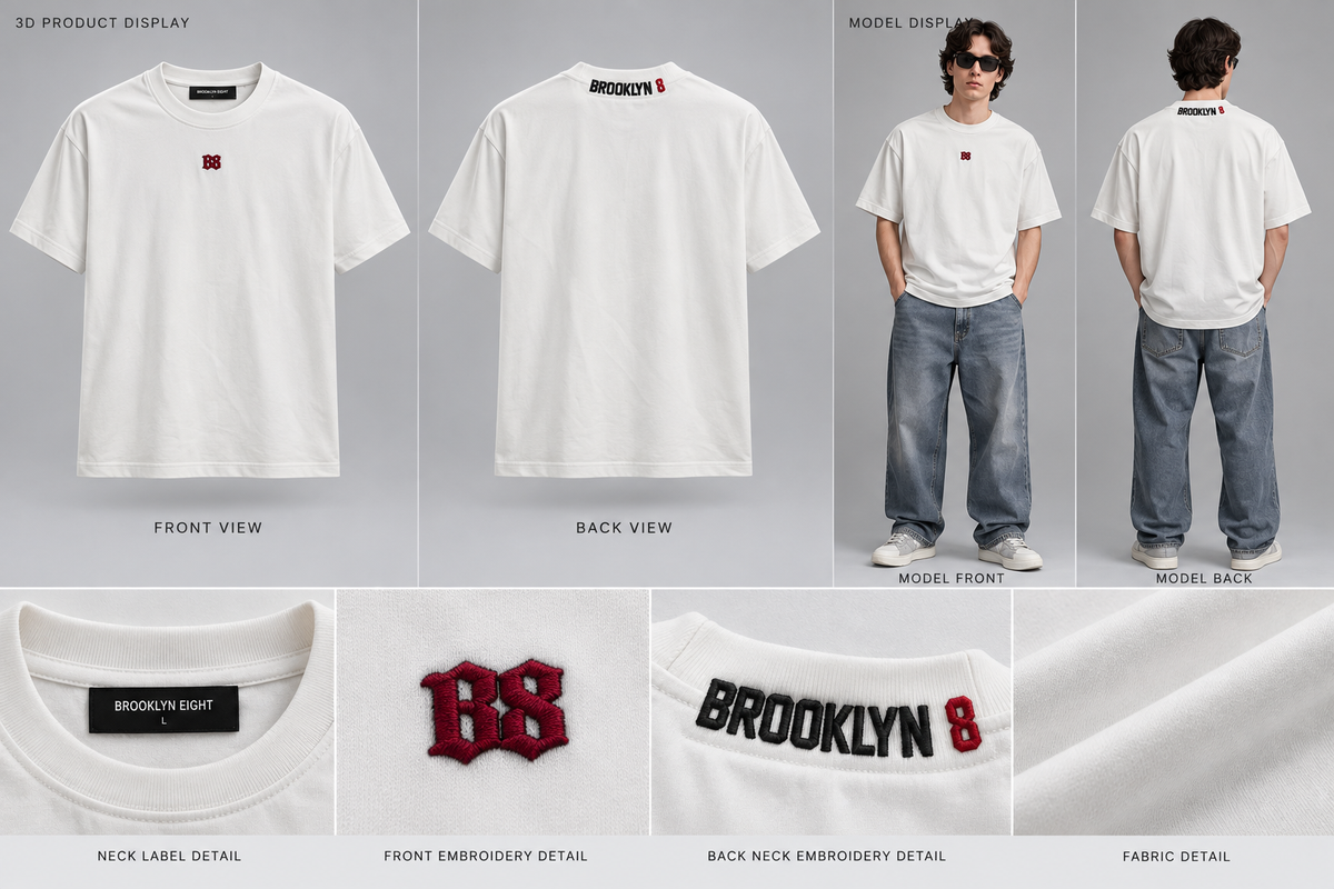 White crew-neck T-shirt with red and black “Brooklyn” chest graphic