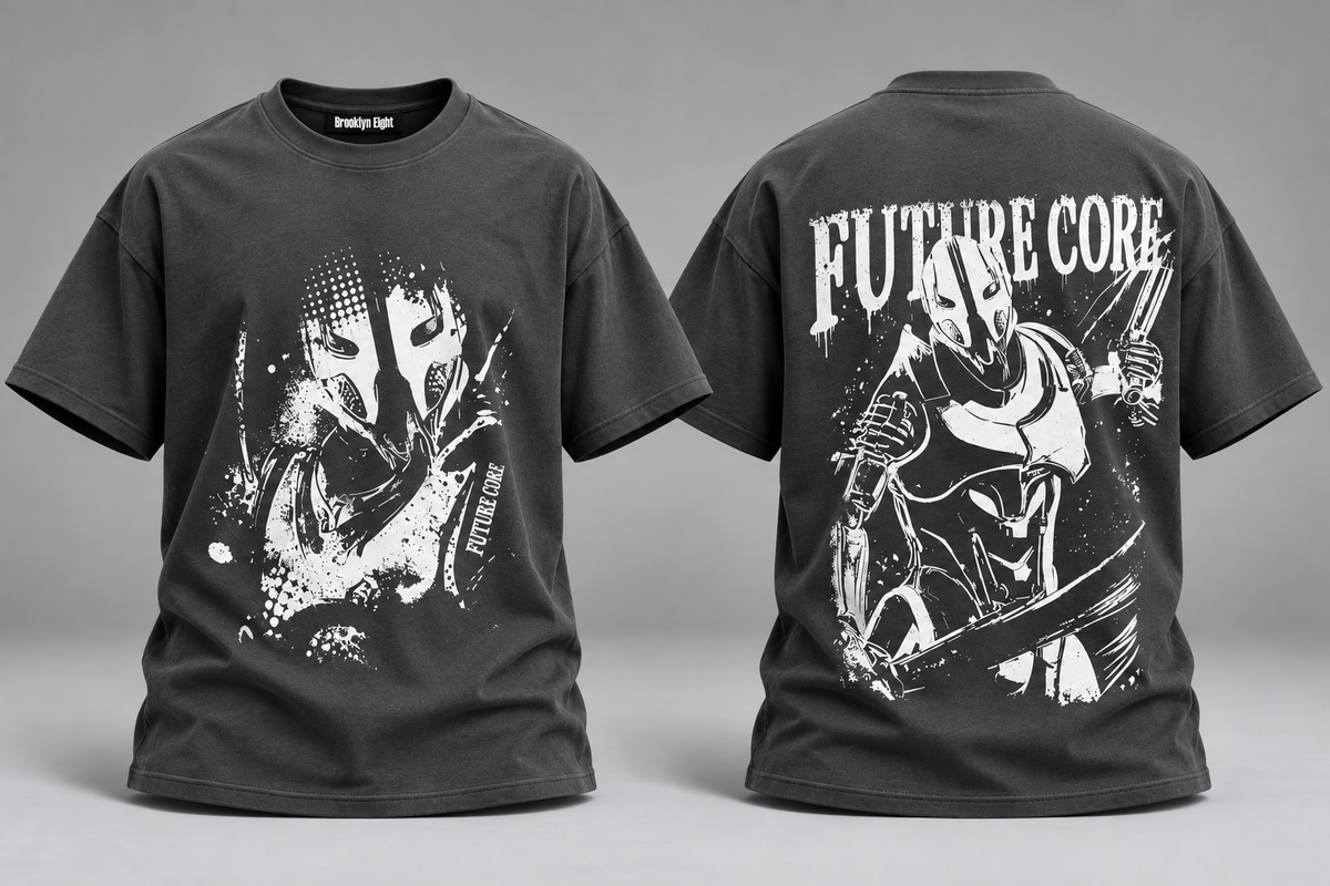Black graphic T-shirt with 'FUTURE CORE' print, front and back views