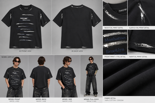 Black crewneck T-shirt with distressed linear front print and short sleeves