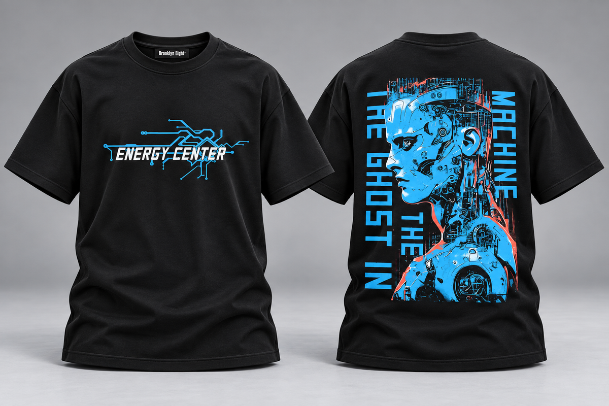 Black crewneck T-shirt with colorful graphic front and back