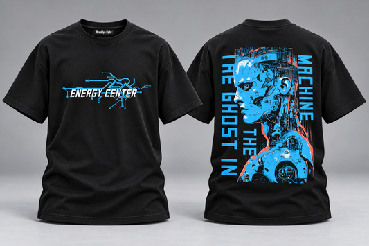 Black crewneck T-shirt with colorful graphic front and back