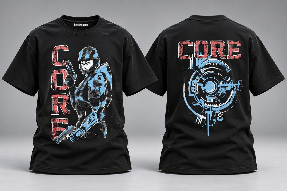 Black graphic T-shirt with front and back sci-fi lettering and character print