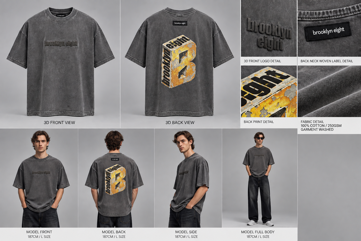 Charcoal gray crew-neck graphic T-shirt with yellow and orange front and back prints