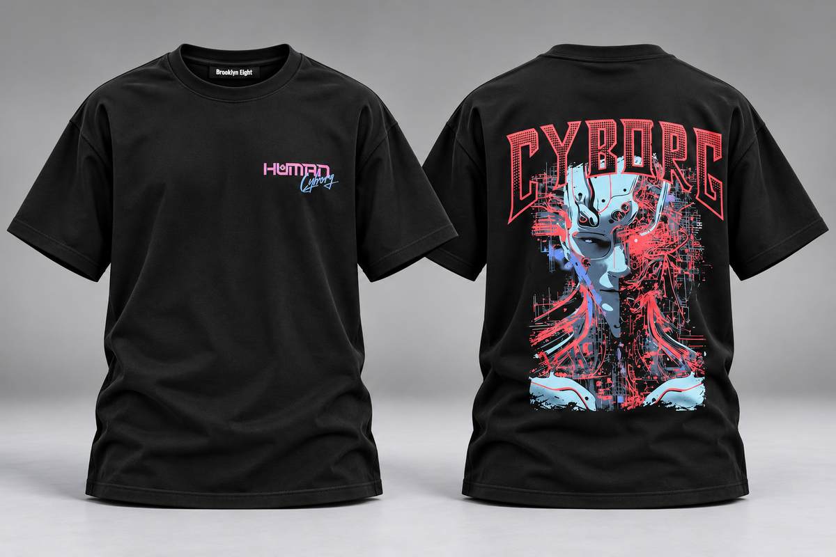 Black short-sleeve graphic T-shirt with front logo and large back print