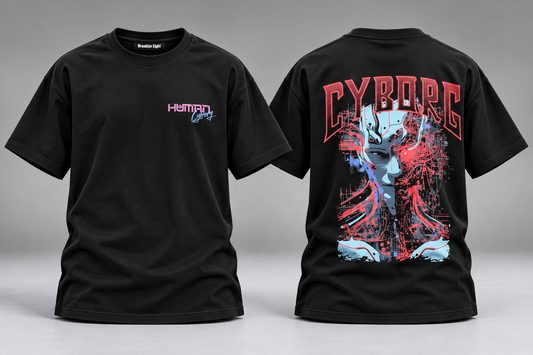 Black short-sleeve graphic T-shirt with front logo and large back print