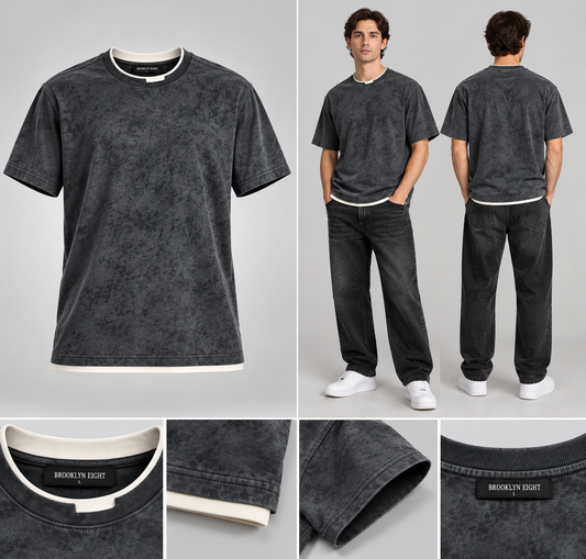 Charcoal short-sleeve crewneck T-shirt with ribbed collar and embroidered 'BROOKLYN EIGHT'