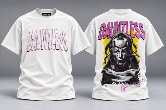 White short-sleeve crewneck graphic T-shirt with pink text and skull helmet artwork