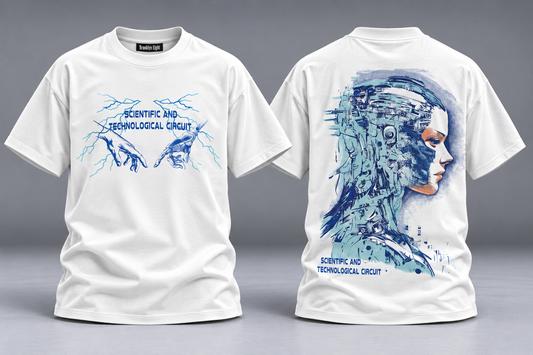White short-sleeve T-shirt with blue circuit tech graphic on front and back