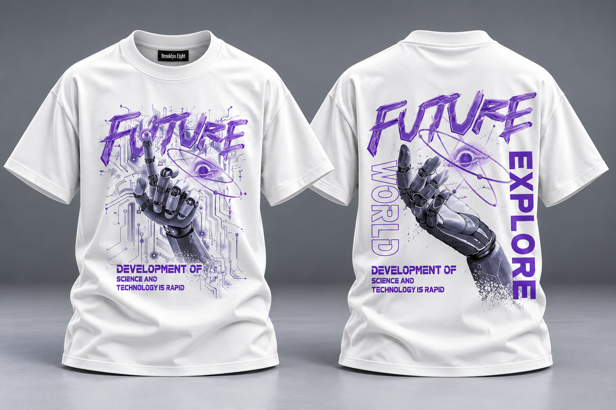 White graphic T-shirt with purple robot print, short sleeves, crew neck