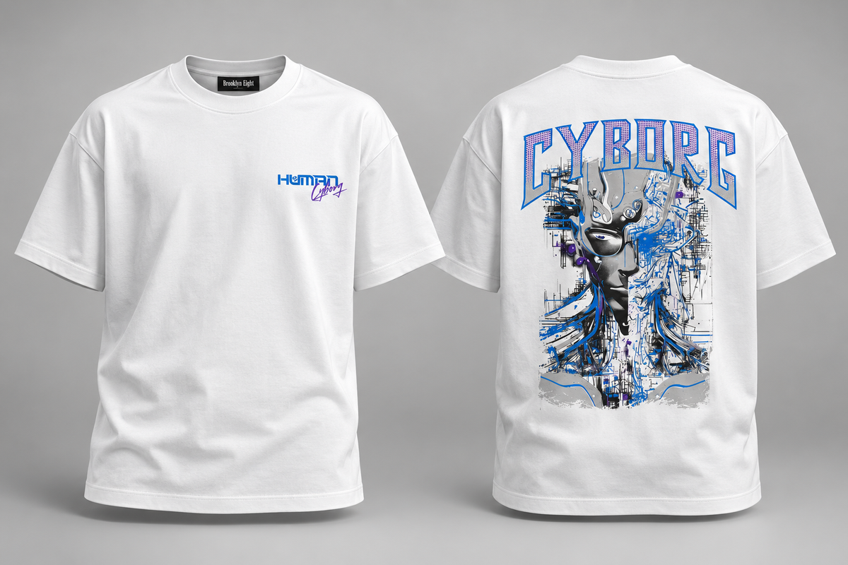 White crew-neck T-shirt with front and large back graphic print