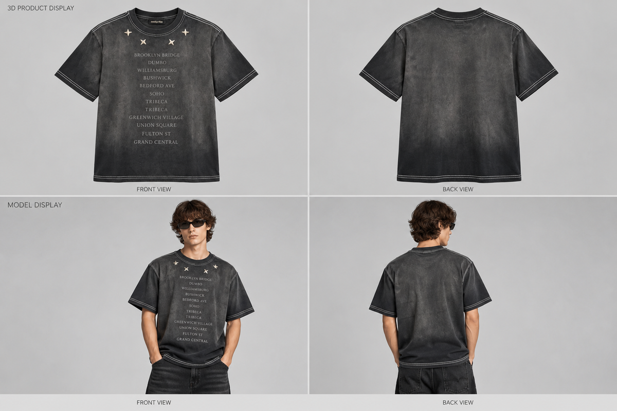Dark short-sleeve crewneck T-shirt with front and back printed text graphic