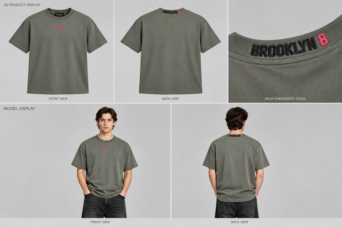 Olive crew-neck short-sleeve T-shirt with red chest logo and 'BROOKLYN 8' neck embroidery