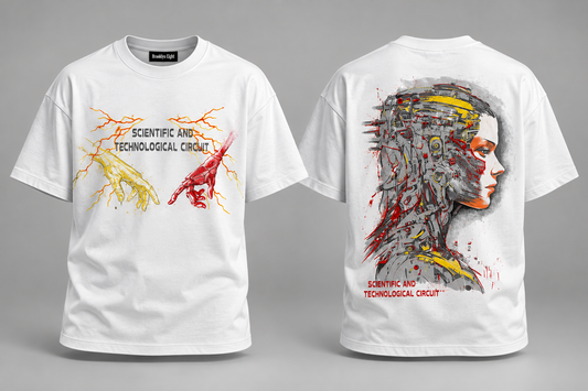 White crew-neck T-shirt with colorful brain graphic, short sleeves