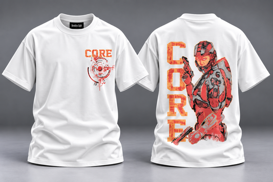 White crewneck graphic T-shirt, short sleeves; front and back show orange/red character artwork.