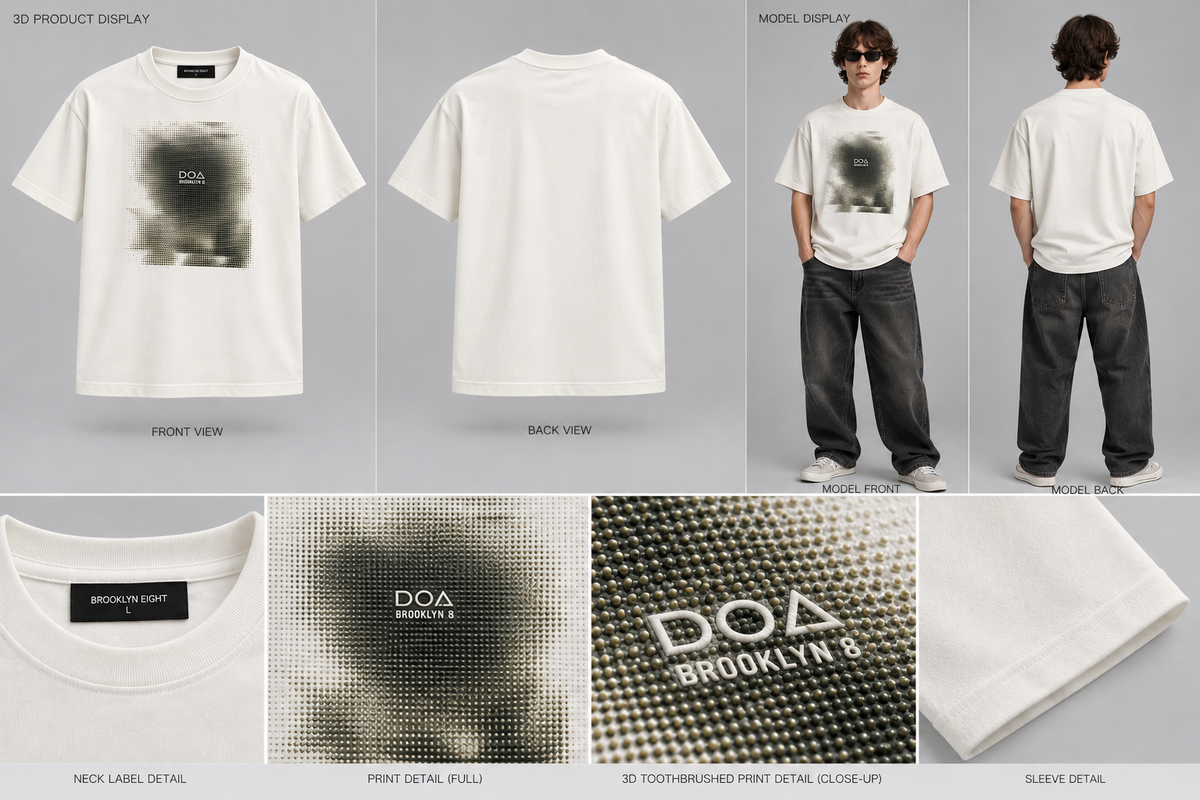 White crew-neck T-shirt with DOA Brooklyn front graphic print