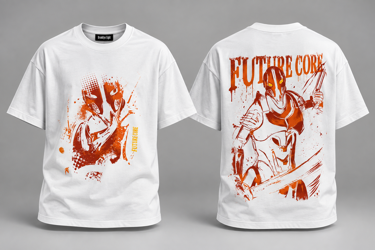White crewneck graphic T-shirt with orange robot front print